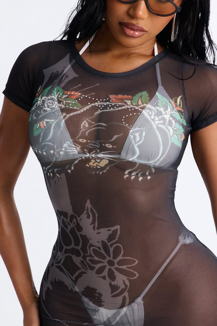 Ed Hardy Panther Mesh Cover Up Dress - Black/combo