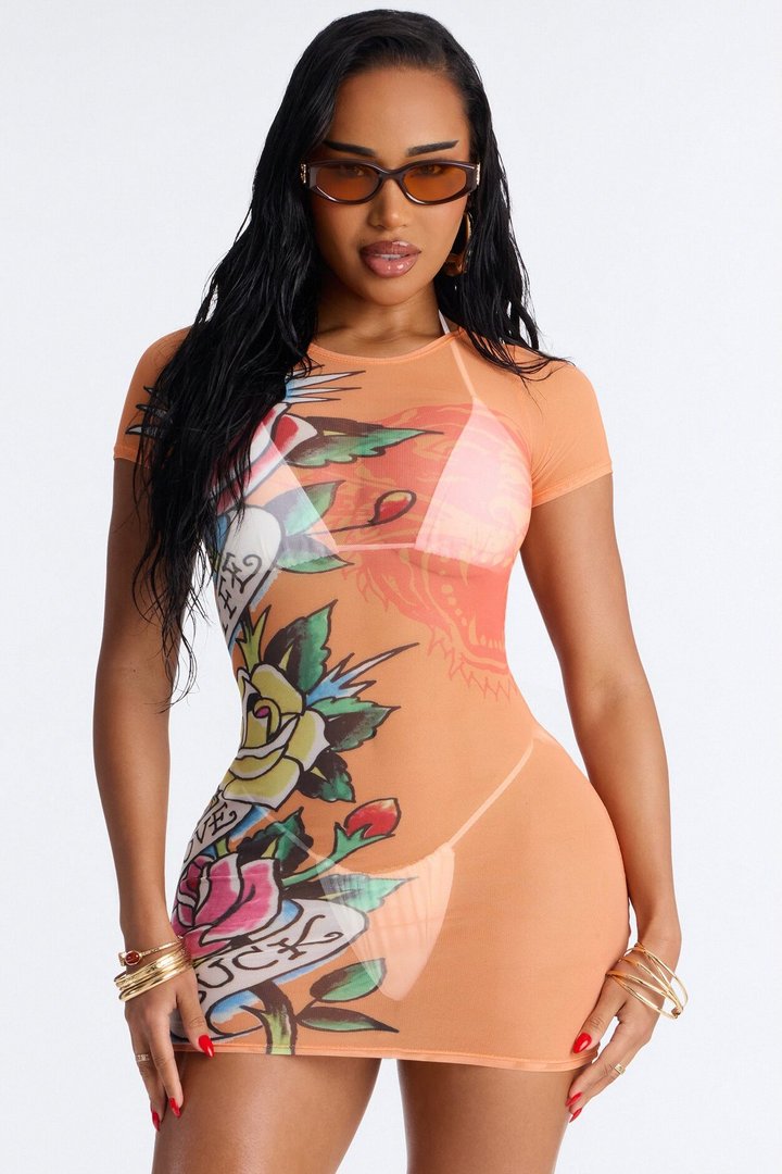 Ed Hardy Roses & Tiger Mesh Cover Up Dress - Orange/combo