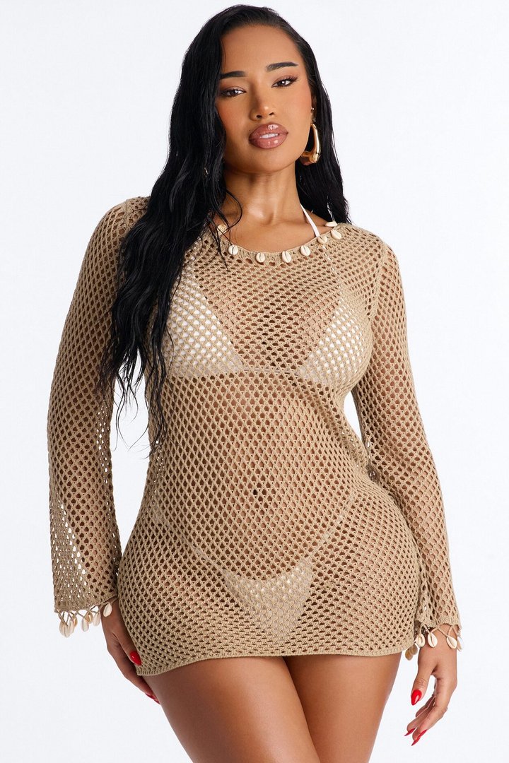Citlally Long Sleeves Mini Swim Cover Up Dress - Taupe