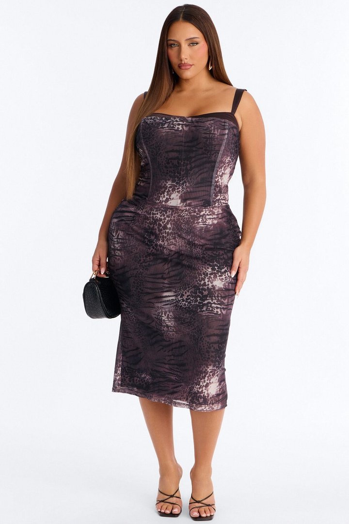 Idessa Corset Mesh Midi Dress - Brown/combo