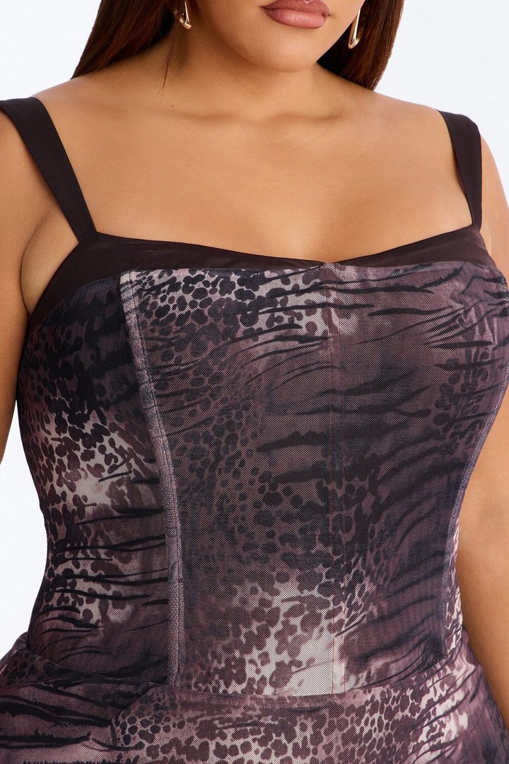 Idessa Corset Mesh Midi Dress - Brown/combo