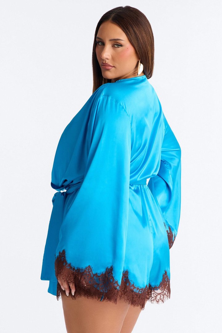 Cherie Satin Lace Trim Romper - Blue