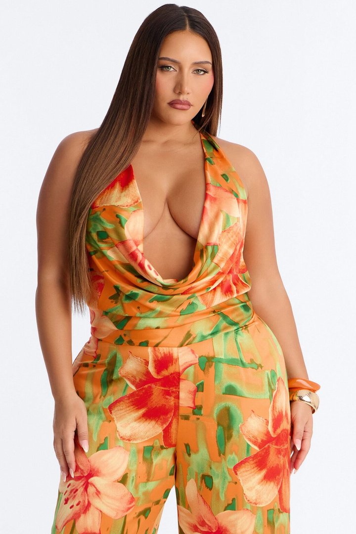 Tiana Tropical Cowl Neck Jumpsuit - Orange