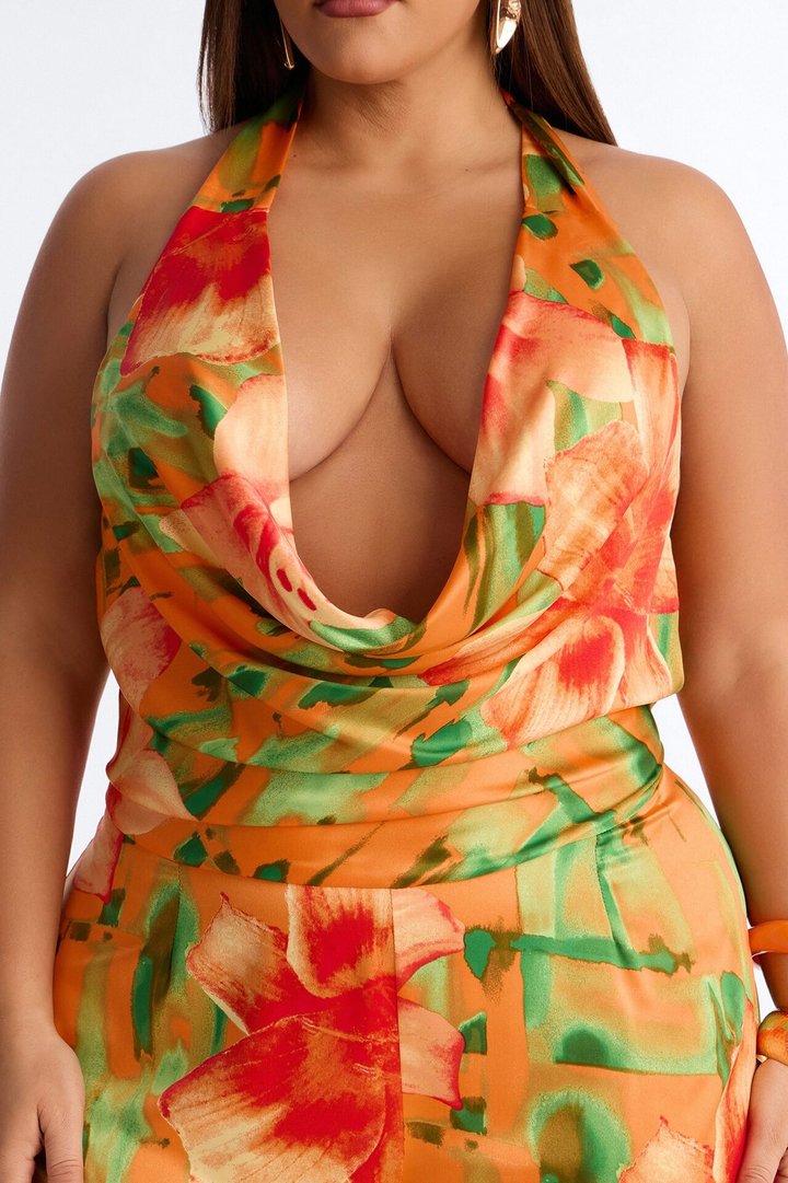 Tiana Tropical Cowl Neck Jumpsuit - Orange
