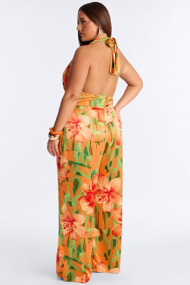Tiana Tropical Cowl Neck Jumpsuit - Orange