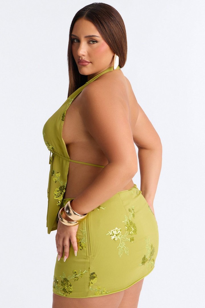 Take A Trip Floral Sequin Embellished Halter Top - Chartreuse