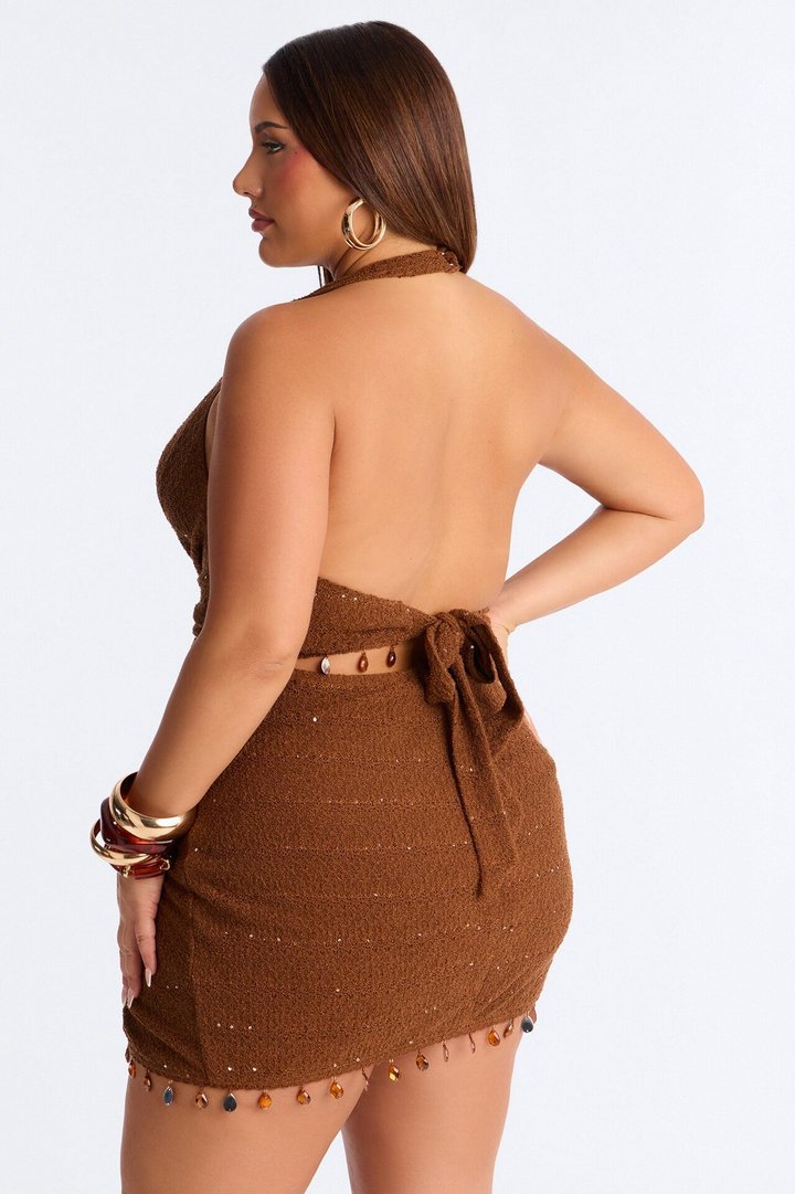Faelynn Fringe Trim Crochet Mini Dress - Brown