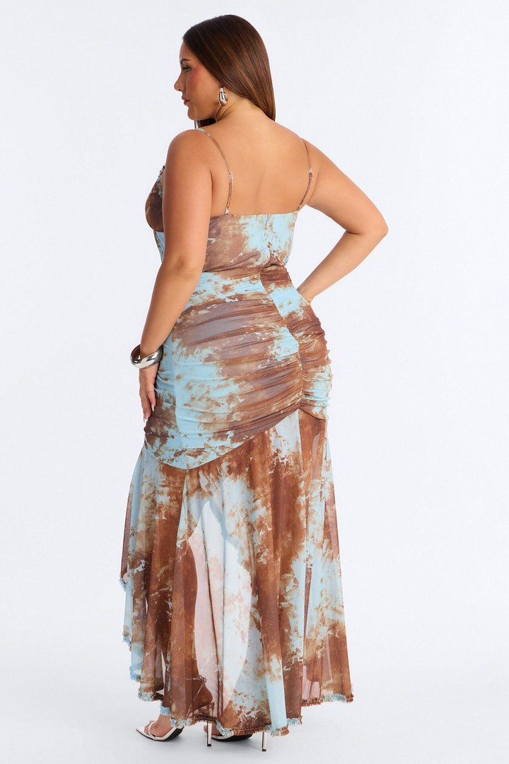 So Stunning Ruched Mesh Maxi Dress - Blue/combo