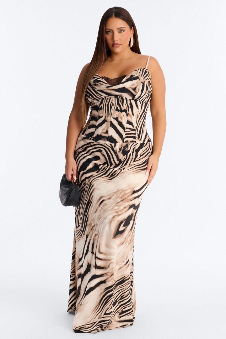 On The Scene Corset Waist Gown - Taupe/combo