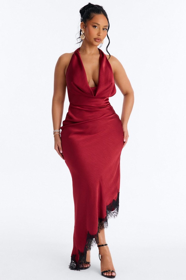 Riley Asymmetrical Satin Maxi Dress - Marsala