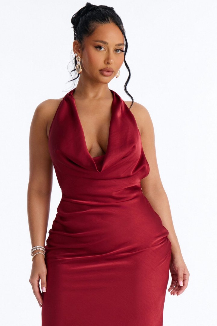 Riley Asymmetrical Satin Maxi Dress - Marsala