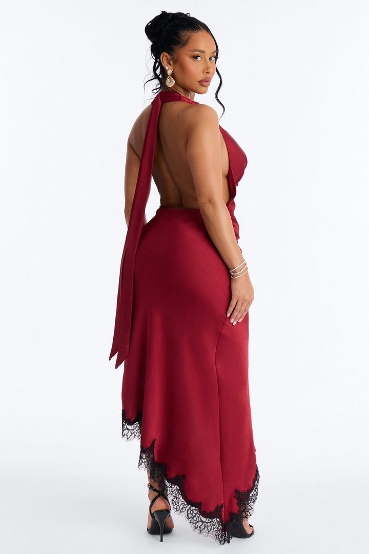 Riley Asymmetrical Satin Maxi Dress - Marsala