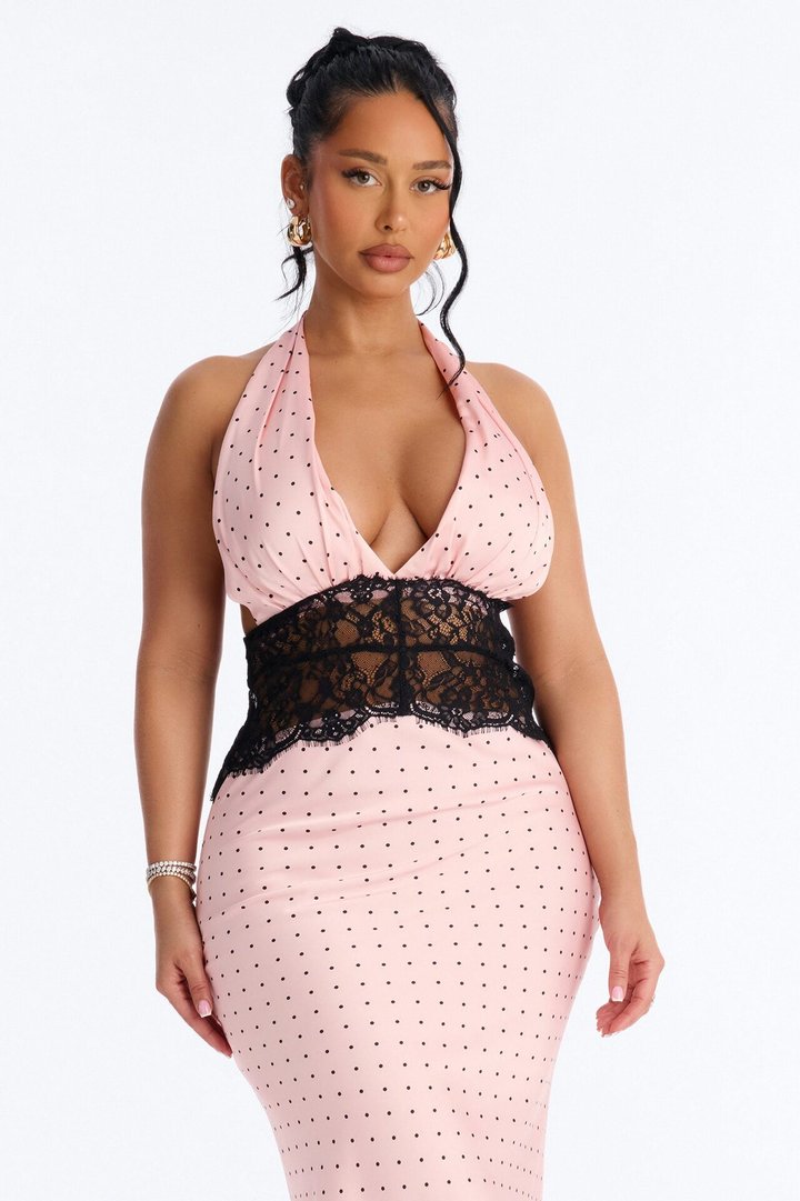 Jessica Polka Dot Lace Satin Midi Dress - Pink/combo