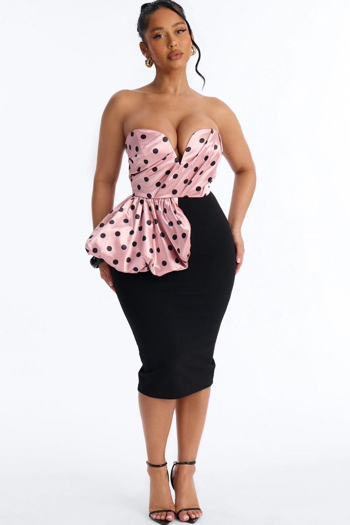 No Competition Polka Dot Satin Midi Dress - Pink/combo
