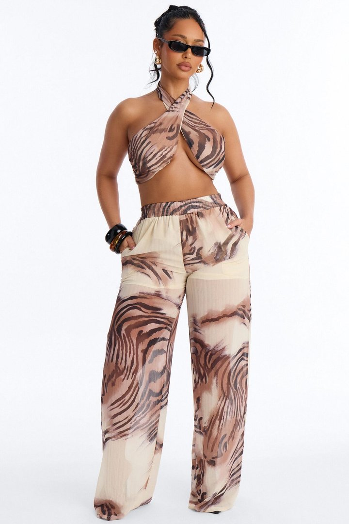 In The Wild Animal Print Halter Pant Set - Mocha/combo