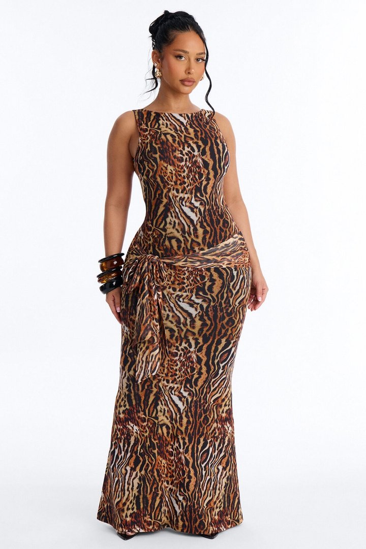 Take Me Off The Map Mesh Maxi Dress - Brown/combo