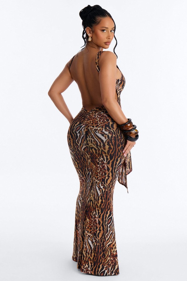 Take Me Off The Map Mesh Maxi Dress - Brown/combo