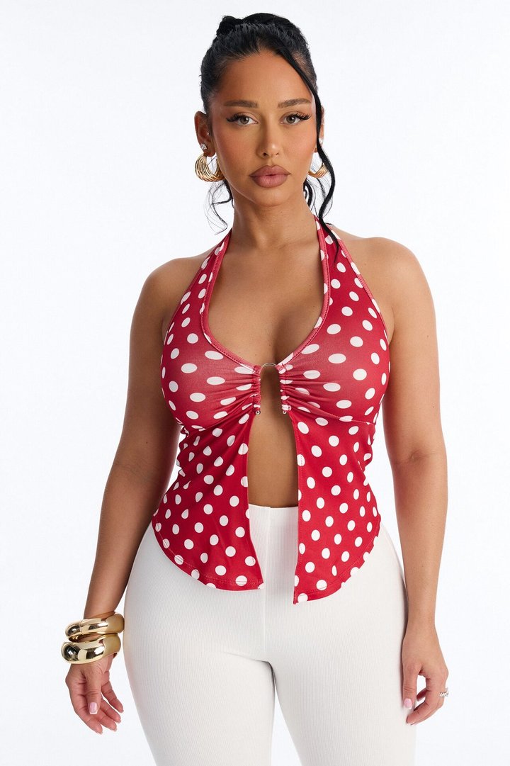 Penelope Polka Dot Flyaway Halter Top - Red/combo