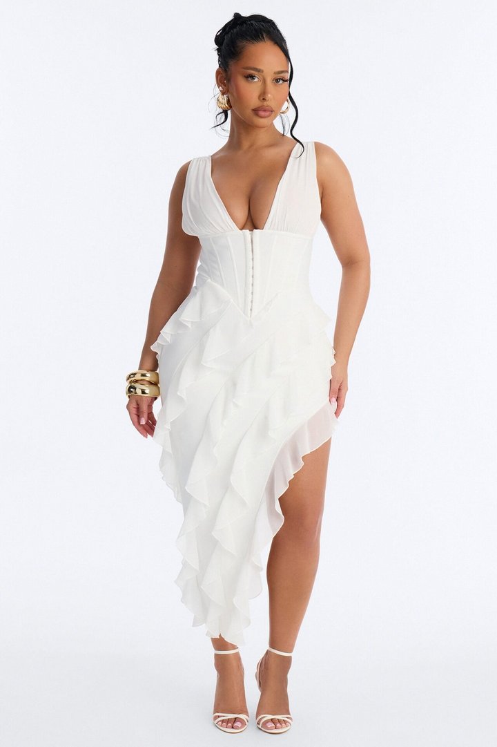 Jocelyn Bandage Ruffle Midi Dress - White
