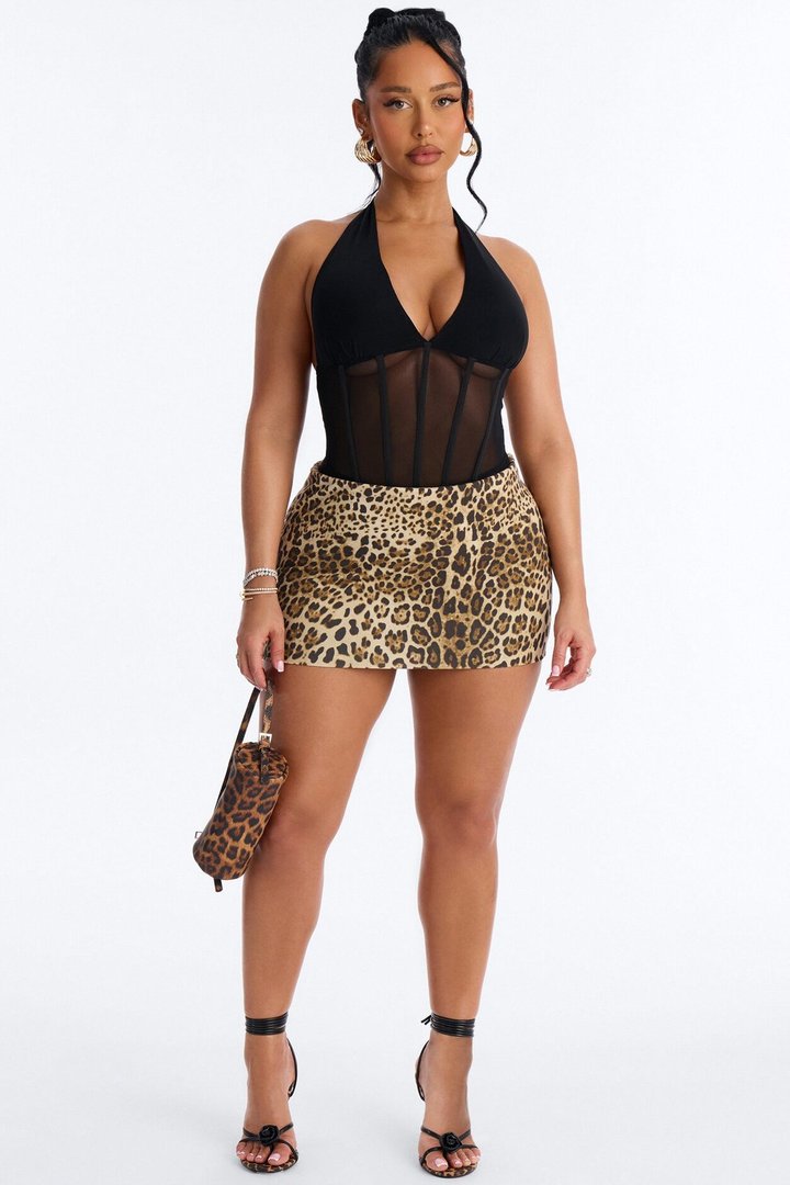 Nightfall Vibe Sheer Corset Waist Bodysuit - Black