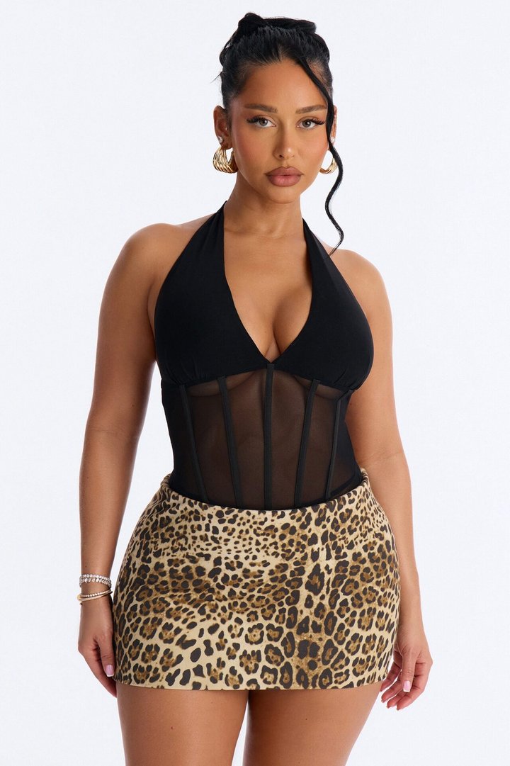 Nightfall Vibe Sheer Corset Waist Bodysuit - Black