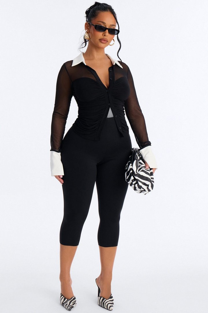 Strictly Yours Ruched Mesh Long Sleeve Shirt - Black/combo