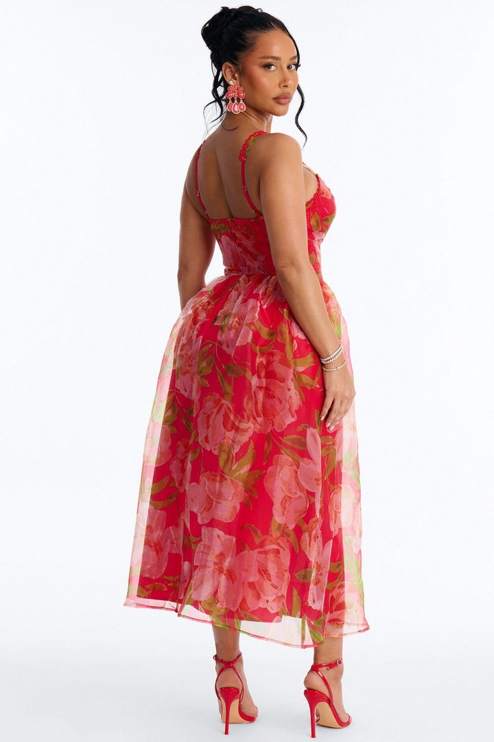 Jennifer Floral Organza Midi Dress - Red/combo
