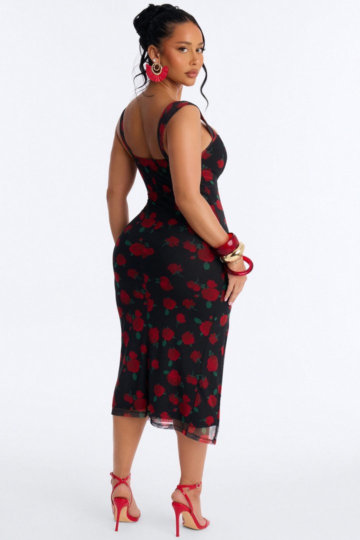 Adrienne Printed Mesh Midi Dress - Black/Red