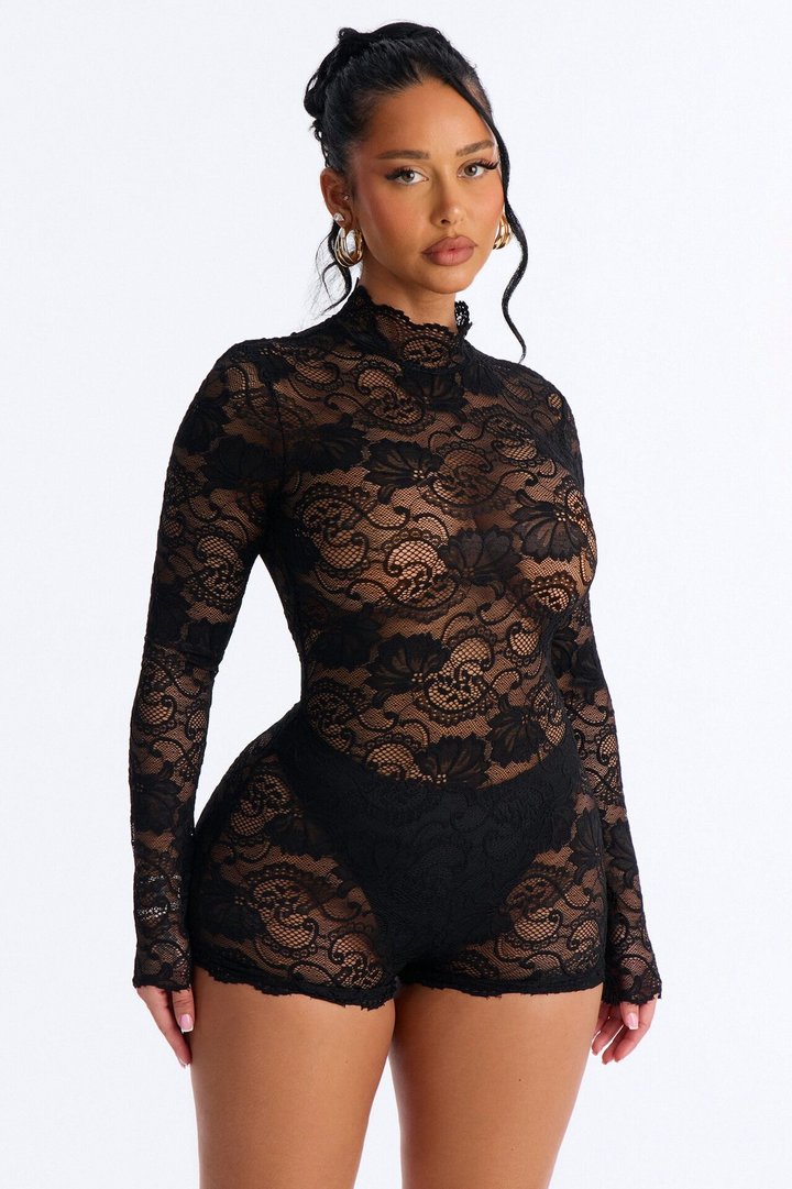 Leana Lace Sheer Micro Romper - Black