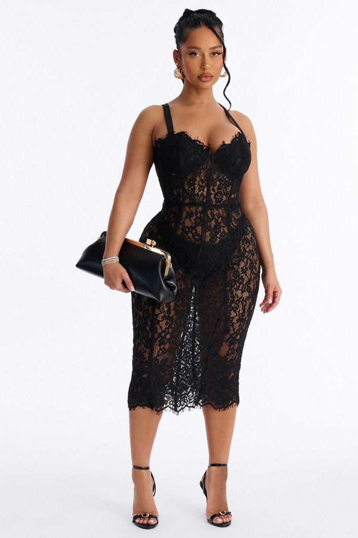 Kara Corset Lace Midi Dress - Black