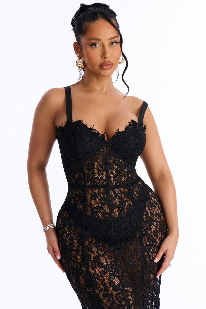 Kara Corset Lace Midi Dress - Black