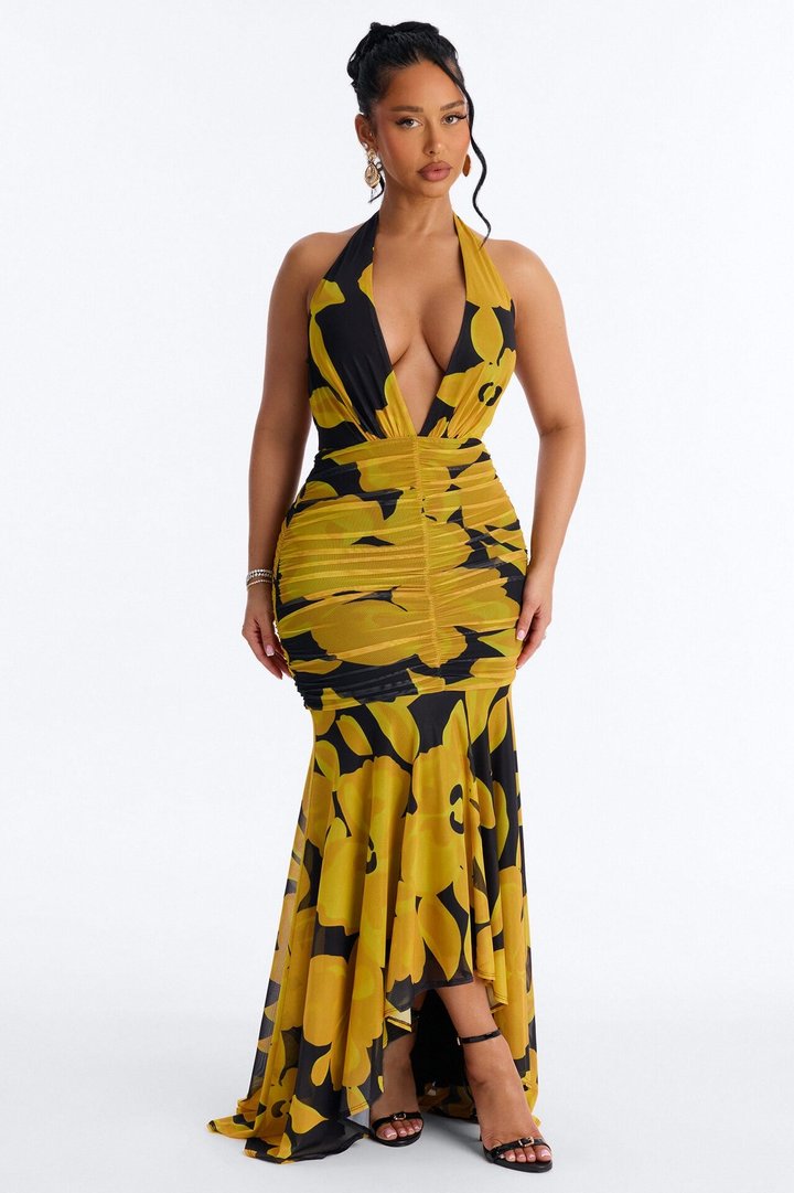 Golden Glow Mesh Maxi Dress - Black/Yellow