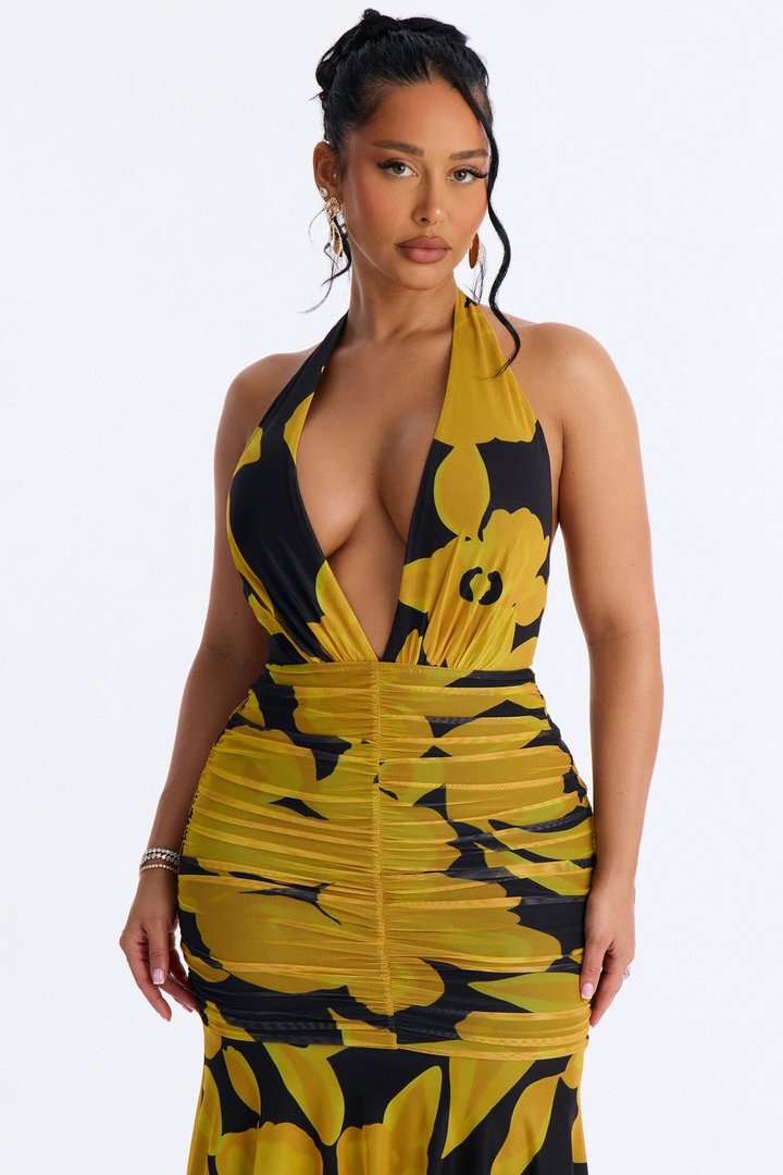 Golden Glow Mesh Maxi Dress - Black/Yellow