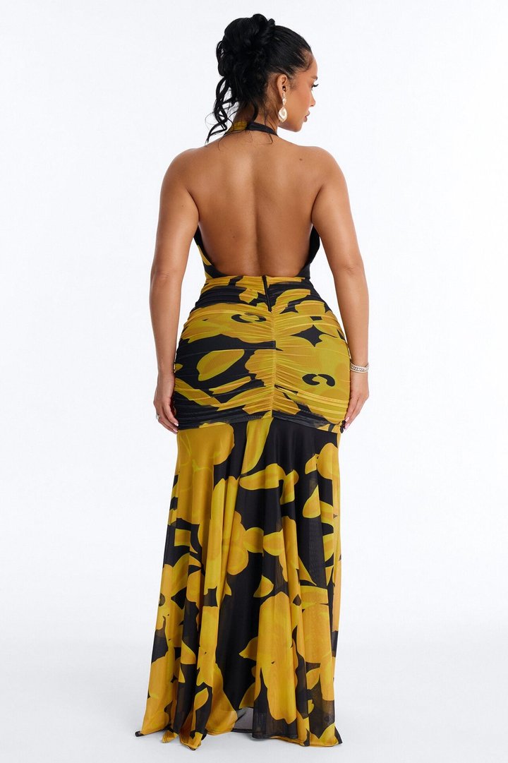 Golden Glow Mesh Maxi Dress - Black/Yellow