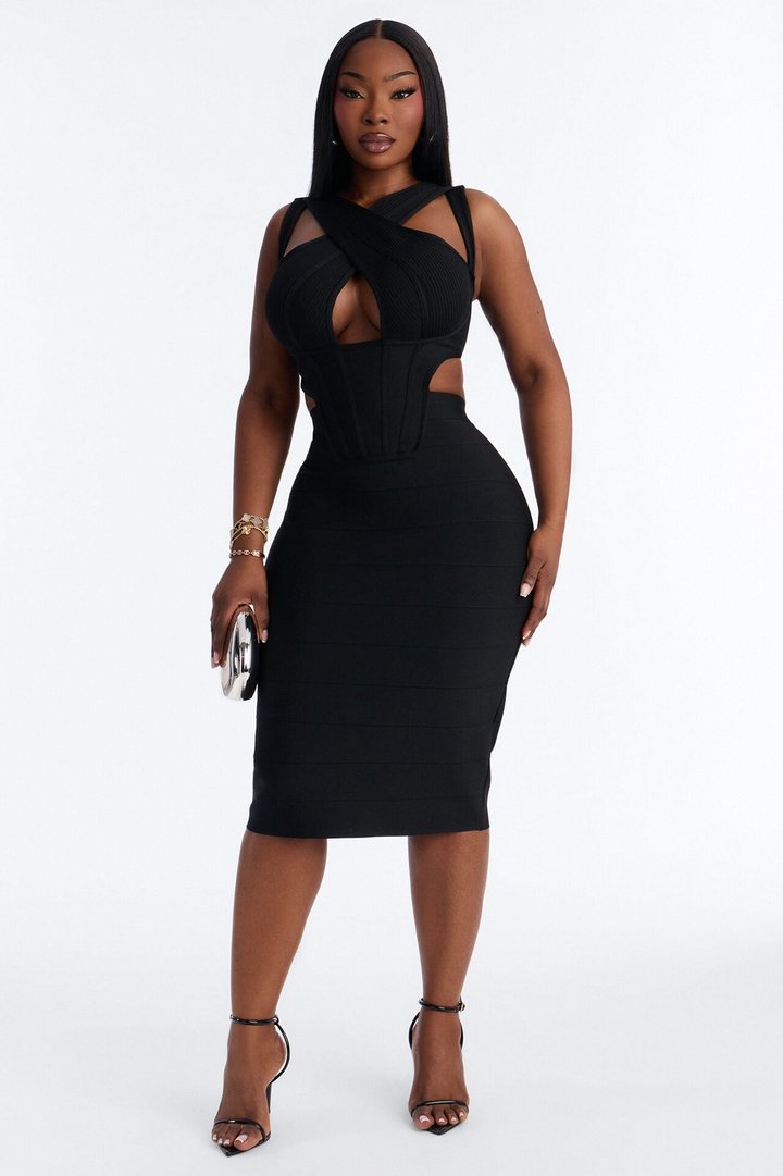 Center Of Attention Cut Out Bandage Midi Dress - Black