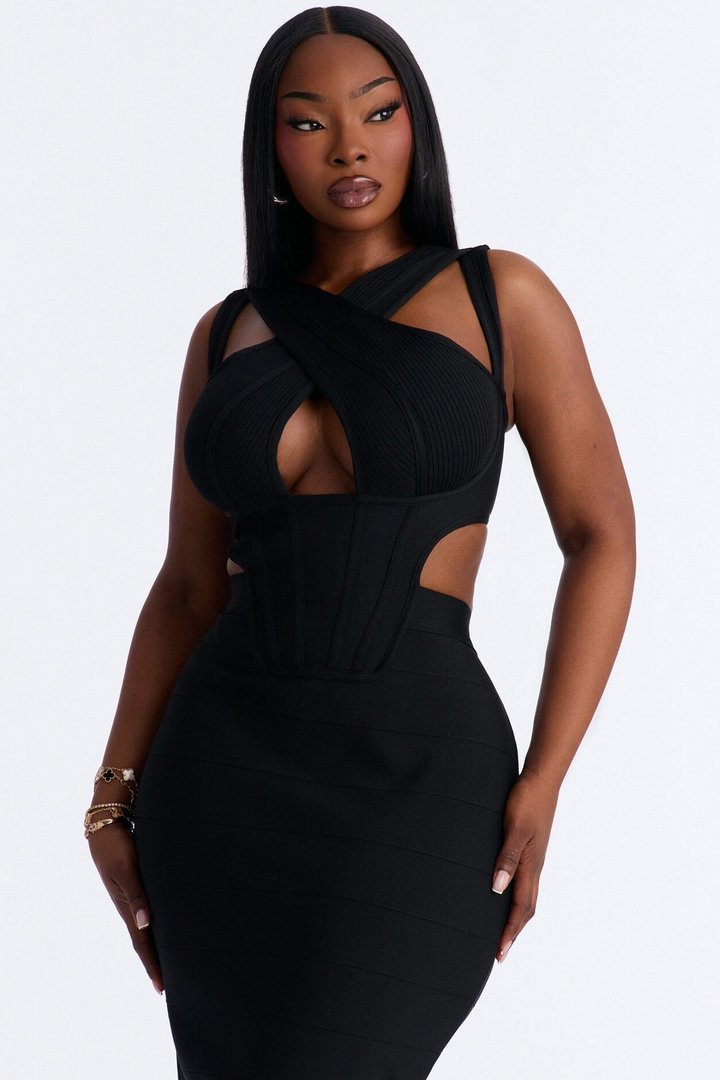 Center Of Attention Cut Out Bandage Midi Dress - Black