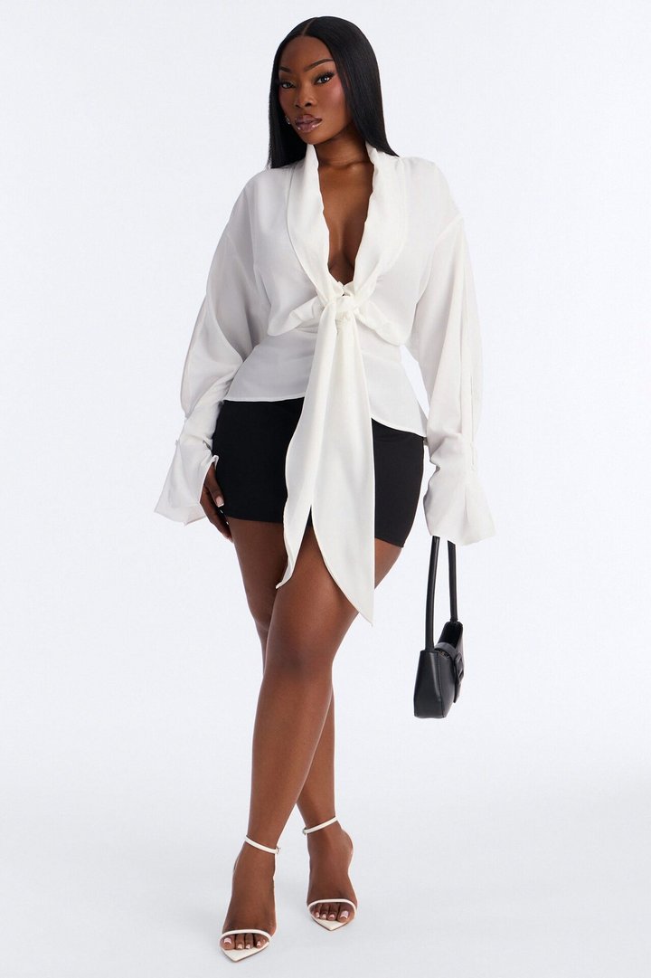 Just Like That Ruched V Neck Chiffon Blouse - White