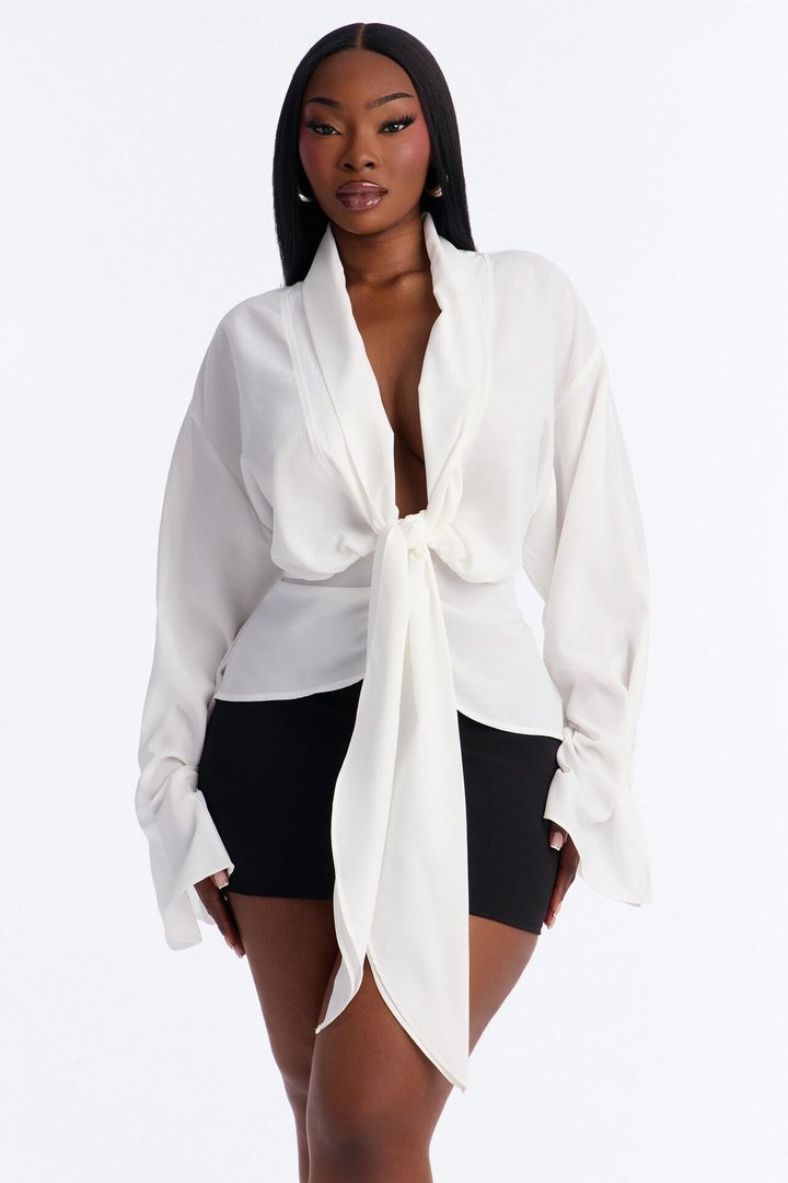 Just Like That Ruched V Neck Chiffon Blouse - White