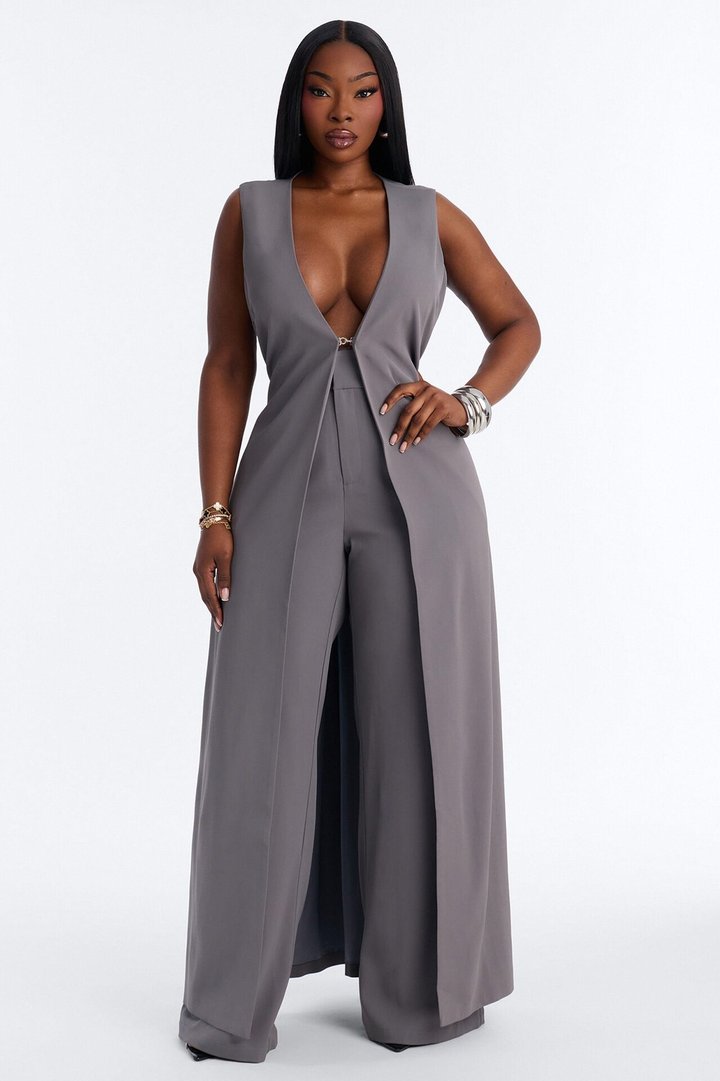 Olivia Long Vest Pant Set - Grey