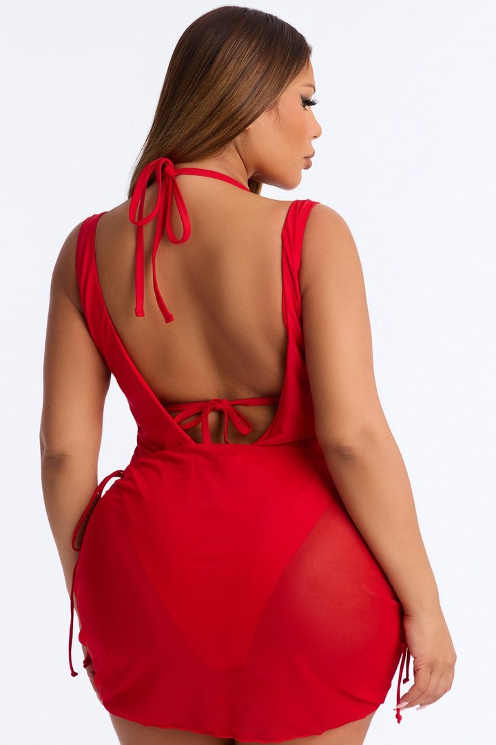 Angie 3 Piece Tied Triangle Bikini Waist Suit & Micro Mini Skirt Sunsuit - Red