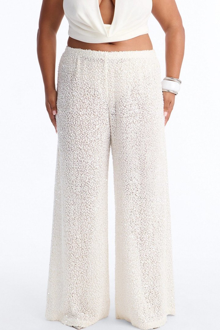 Azalea Low Rise Sequin Crochet Wide Leg Pant 33″ - White