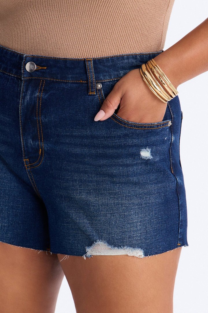 Crashing Out Ripped Cut Off Denim Shorts - Dark Wash
