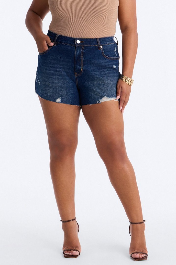 Crashing Out Ripped Cut Off Denim Shorts - Dark Wash