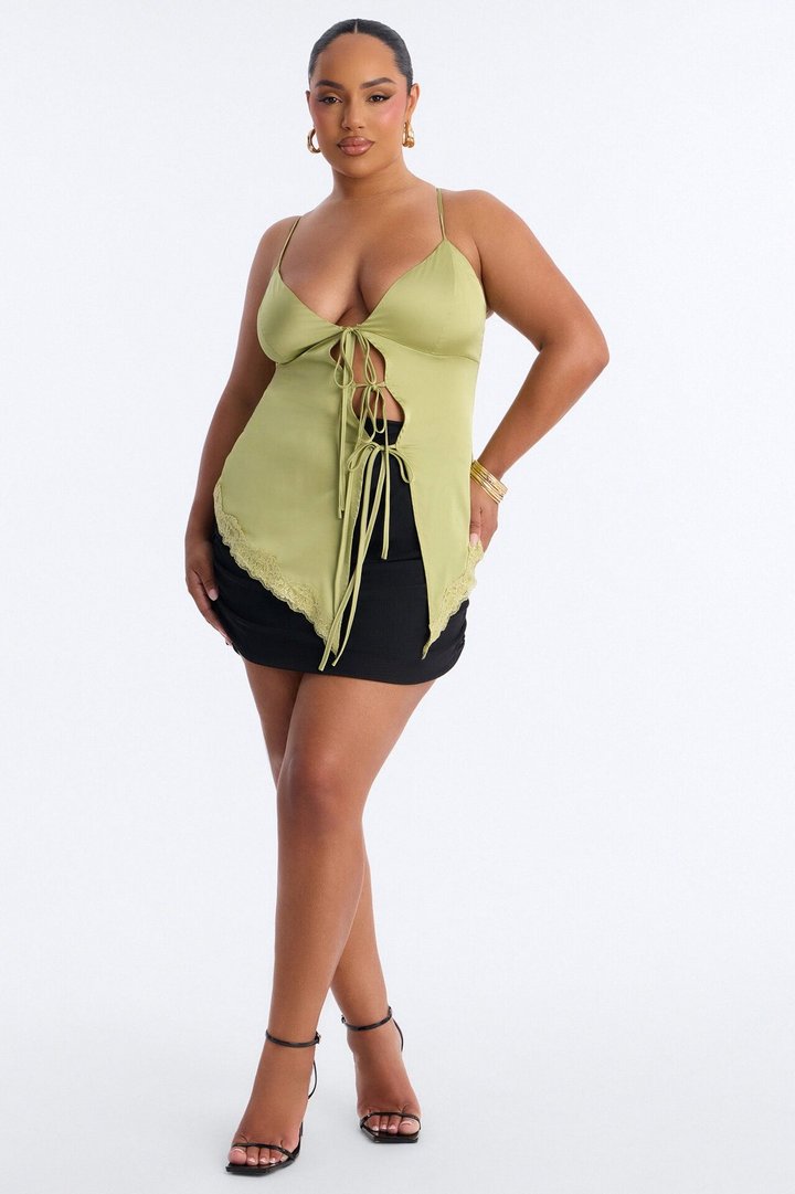 Caught In The Act Lace Trim Satin Flyaway Top - Green