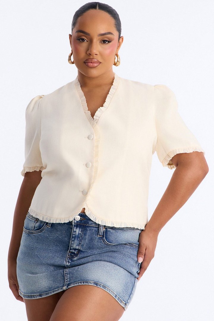 Chic With Love Ruffle Trim Linen Top - Beige