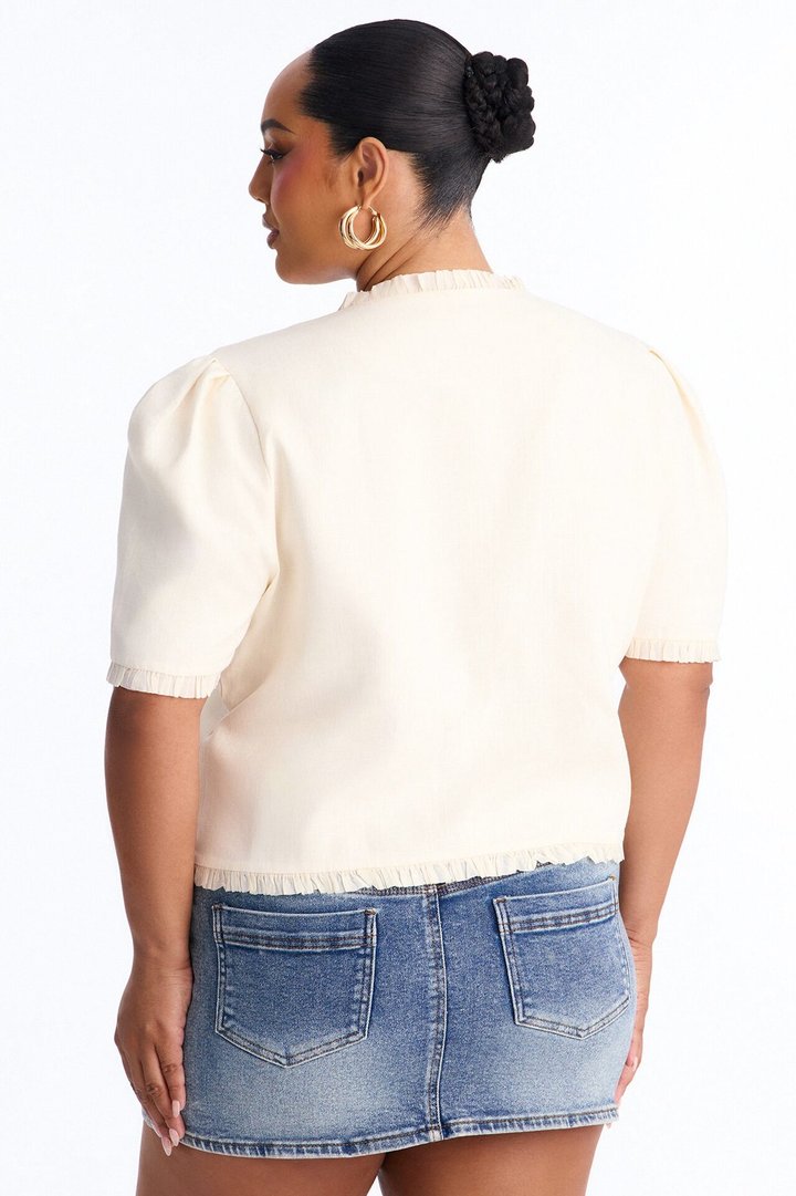 Chic With Love Ruffle Trim Linen Top - Beige