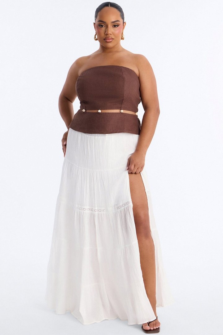 On The Guest List Beaded Linen Top - Brown