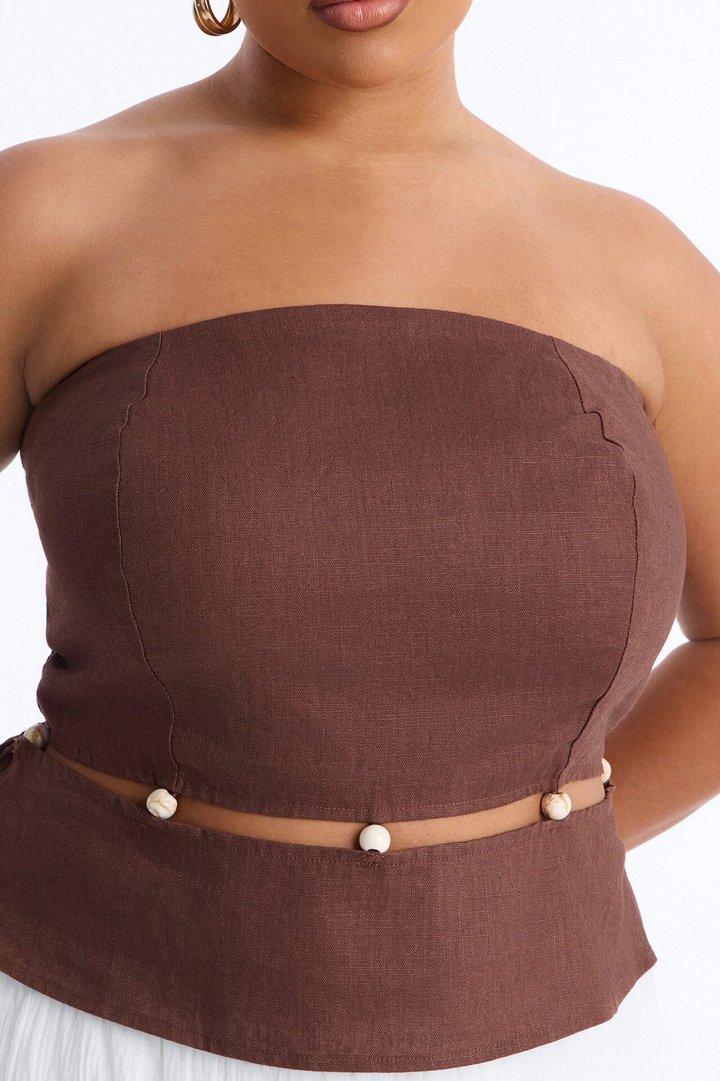 On The Guest List Beaded Linen Top - Brown