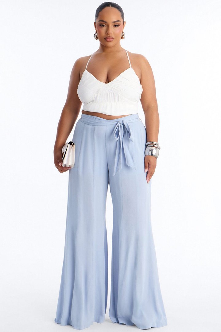 Kelsey Mid Rise Tie Waist Flowy Wide Leg Pant 34″ - Light Blue