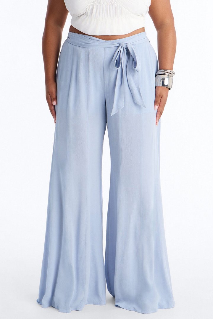 Kelsey Mid Rise Tie Waist Flowy Wide Leg Pant 34″ - Light Blue
